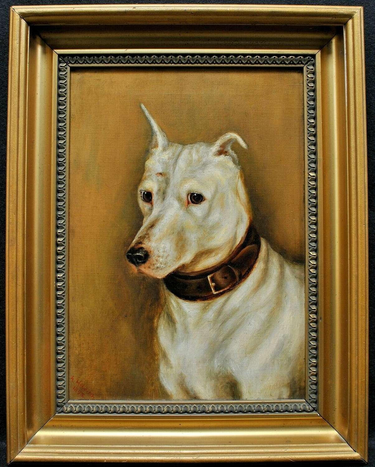 19th CENTURY OIL CANVAS PORTRAIT OF WHITE ENGLISH TERRIER DOG PAINTING