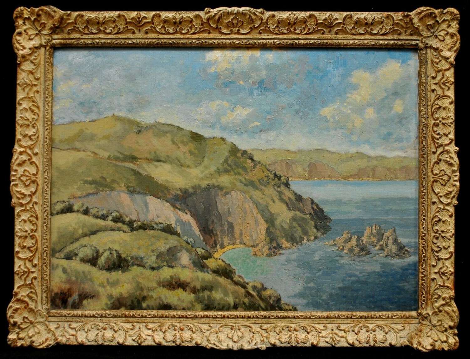 EARLY 20th CENTURY OIL FISHERMENS HARBOUR SARK IMPRESSIONIST PAINTING
