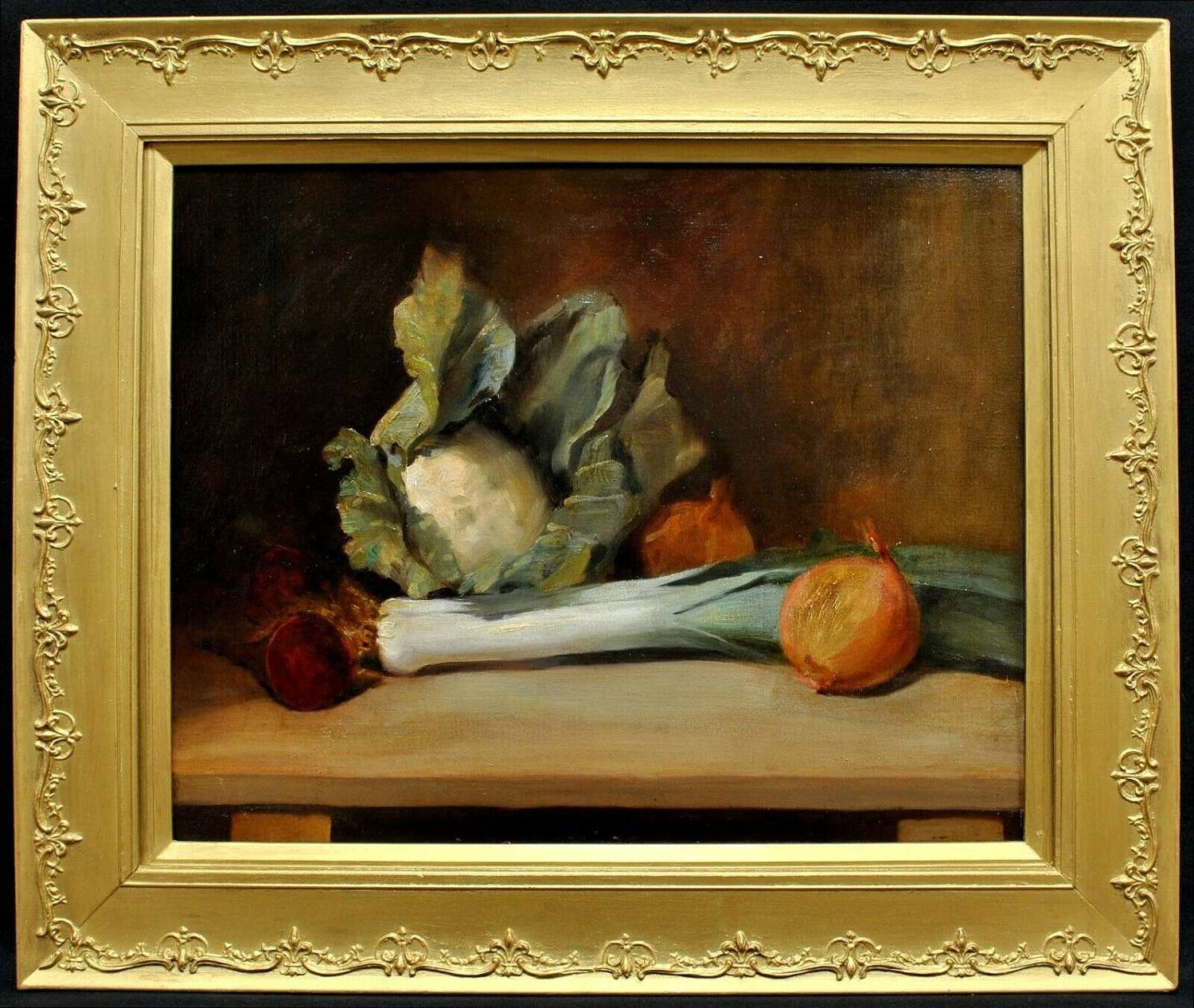 19th CENTURY KITCHEN STILL LIFE VEGETABLES ON TABLE ANTIQUE PAINTING