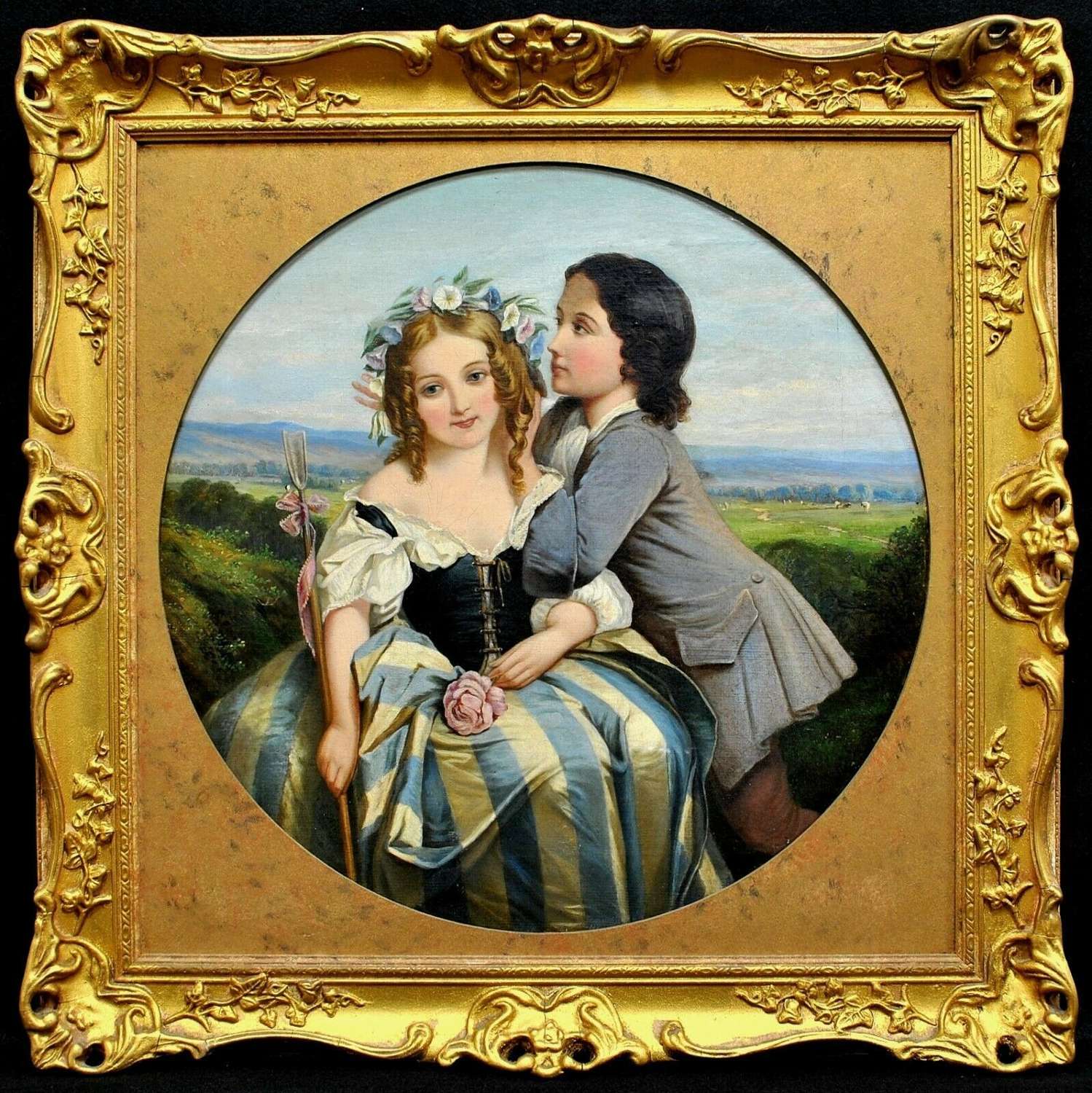 19th CENTURY OIL ON CANVAS PORTRAIT YOUNG COUPLE IN LANDSCAPE