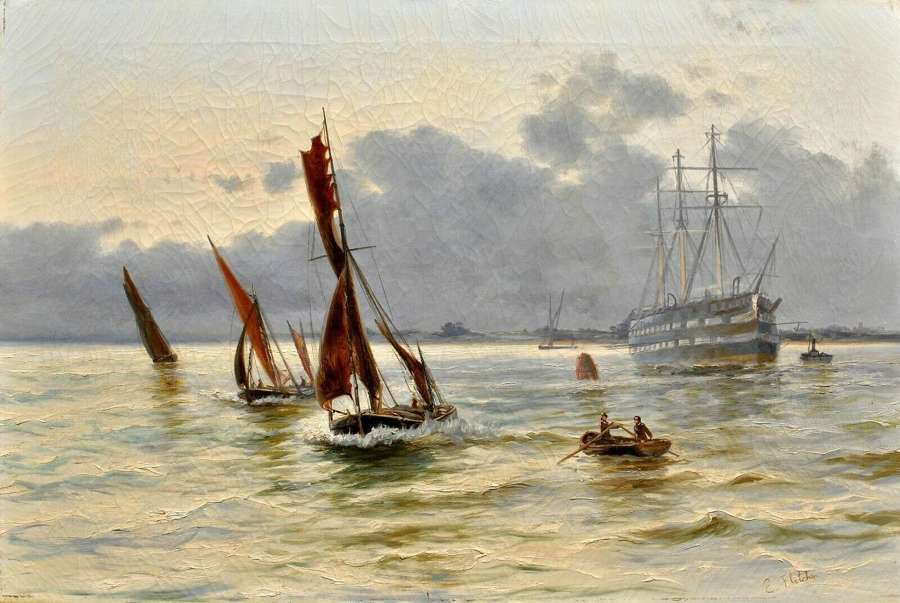 EDWIN FLETCHER (1857-1945) THE THAMES AT GRAVESEND SEASCAPE PAINTING