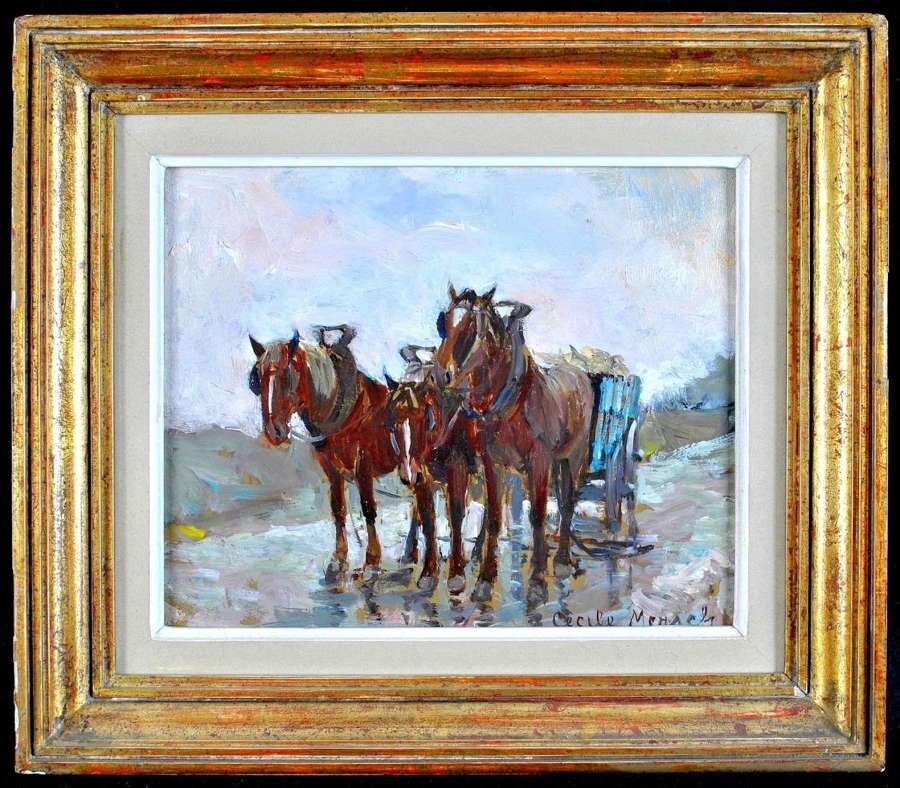 Cecile Mersch (1905-1993) Horses Pulling Hay, Oil on Board