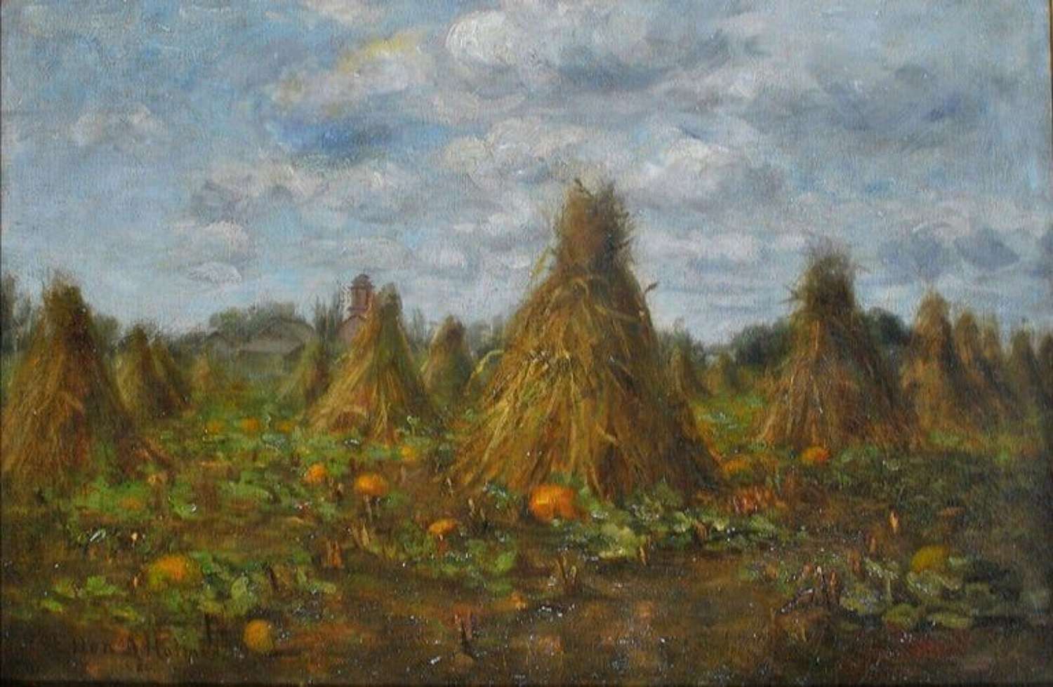 Ellen Angeline Holmes (1852-1933) Hay Stacks & Pumpkins, Oil on Canvas