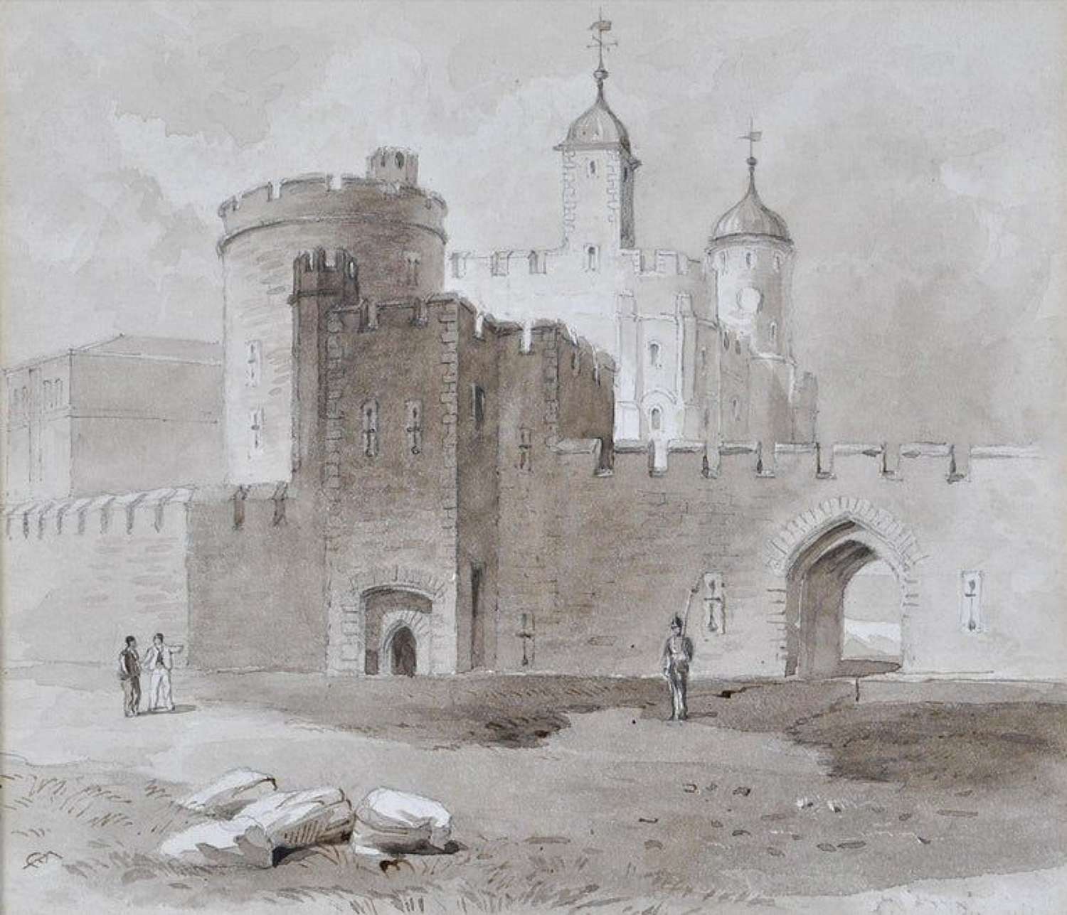 English School (19th century) Figures by a Castle, Pencil & Charcoal