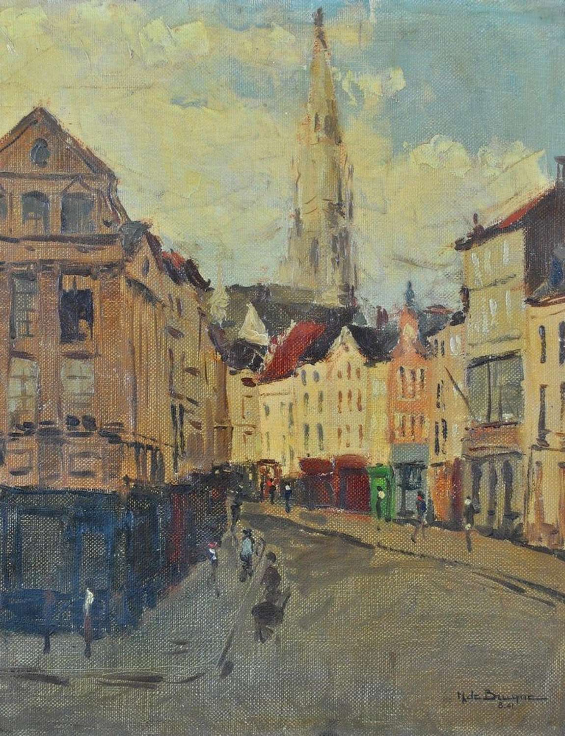 Belgian School (Mid 20th Century) City Street View, Oil on Canvas