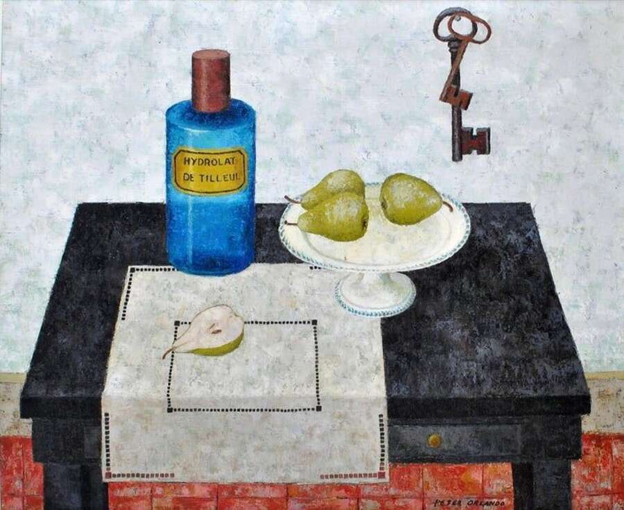 Orlando, Peter (1921-2009) Pears and Blue Apothecary Bottle